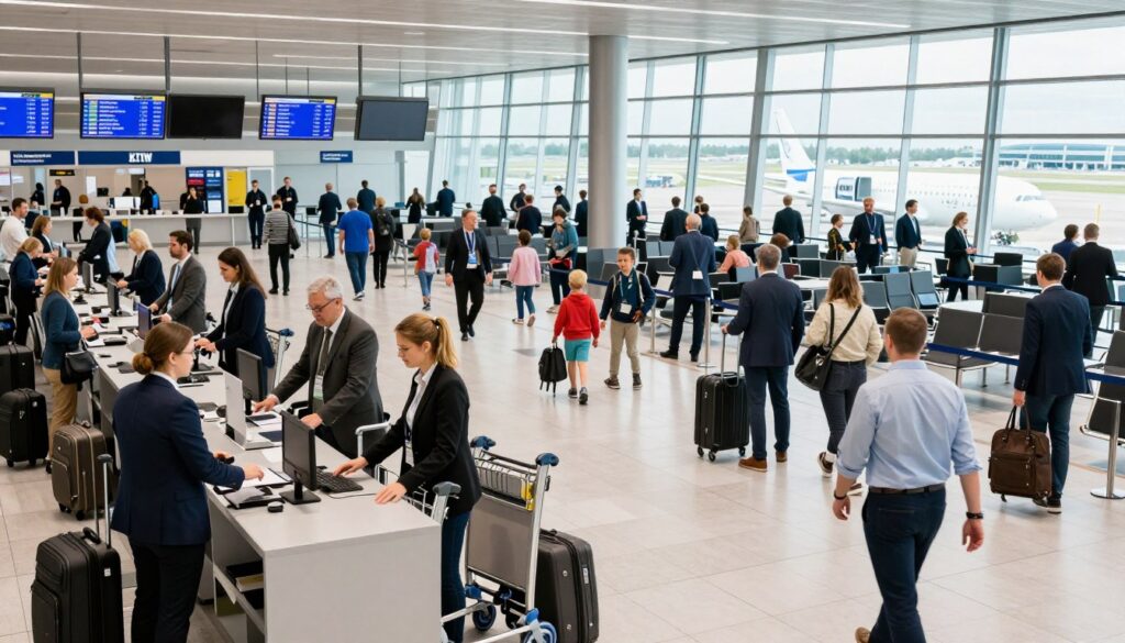 A busy scene at Katowice Airport (KTW) during check-in and boarding, showcasing travelers in professional business attire as they navigate through the terminal. The foreground features a modern check-in desk with staff assisting passengers, surrounded by large luggage carts. In the middle, there is a dynamic view of a fully packed boarding area with diverse travelers—families, businesspeople, and tourists—looking at flight information displays. The background includes airplane windows showing planes ready for departure under bright, natural lighting, highlighting the airport’s spacious and contemporary architecture. A sense of anticipation fills the air, creating an energetic, welcoming atmosphere. The image should capture the essence of travel and efficiency without any text or overlays.