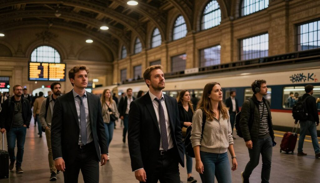A busy train station at dusk, capturing the hustle and bustle of travelers. Foreground: a group of people in professional business attire and modest casual clothing, looking around with an air of caution. Middle ground: high ceilings of the station with vintage architecture, dim lighting casting long shadows, a large digital display of train schedules flickering. Background: slightly blurred silhouettes of people boarding trains, a hint of graffiti on walls, and luggage scattered around. The atmosphere is tense yet vibrant, evoking a sense of caution as travelers navigate their surroundings. Use warm, soft lighting for an inviting yet alert mood, shot from a low angle to emphasize the grandeur of the station while maintaining focus on the cautious travelers. A busy train station at dusk, capturing the hustle and bustle of travelers. Foreground: a group of people in professional business attire and modest casual clothing, looking around with an air of caution. Middle ground: high ceilings of the station with vintage architecture, dim lighting casting long shadows, a large digital display of train schedules flickering. Background: slightly blurred silhouettes of people boarding trains, a hint of graffiti on walls, and luggage scattered around. The atmosphere is tense yet vibrant, evoking a sense of caution as travelers navigate their surroundings. Use warm, soft lighting for an inviting yet alert mood, shot from a low angle to emphasize the grandeur of the station while maintaining focus on the cautious travelers.