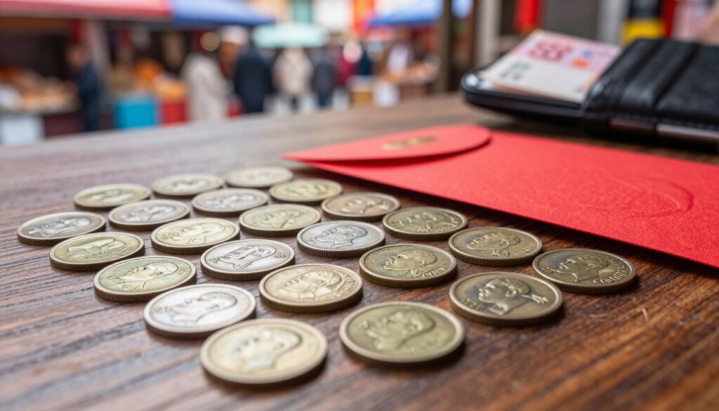 A close-up of Chinese jiao coins laid out on a traditional wooden table, with a few juxtaposed against a bright red envelope, symbolizing prosperity. The coins are intricately designed, displaying their unique patterns and inscriptions. In the background, soft focus on a bustling street market, vibrant with colors and hints of currency notes peeking out of wallets, showcasing the mobile payment culture. The lighting is warm and inviting, capturing the authenticity of daily life in China. The angle is slightly overhead, emphasizing the coins, while the market adds context without overwhelming the viewer. The mood should be dynamic yet grounded, reflecting the everyday practicality of currency in the modern age.