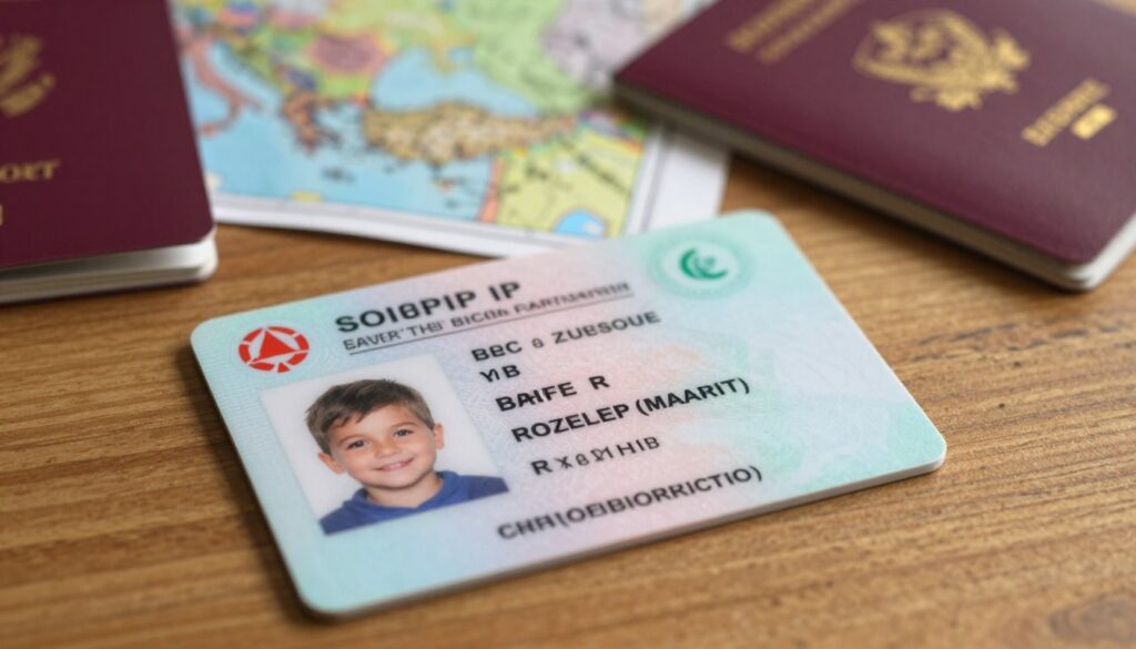A close-up of a child’s identification document resting on a wooden table, showcasing vibrant colors and detailed elements. The document features official stamps and a photograph of a smiling child, emphasizing safety and travel readiness. In the background, a soft-focus map of Bulgaria hints at travel, while a passport and other travel documents are partially visible beside it. The lighting is warm and inviting, casting gentle shadows that suggest a cozy, reassuring atmosphere. The image captures the importance of proper documentation for children, highlighting the distinction between an ID card and a passport, aimed at parents preparing for family trips.