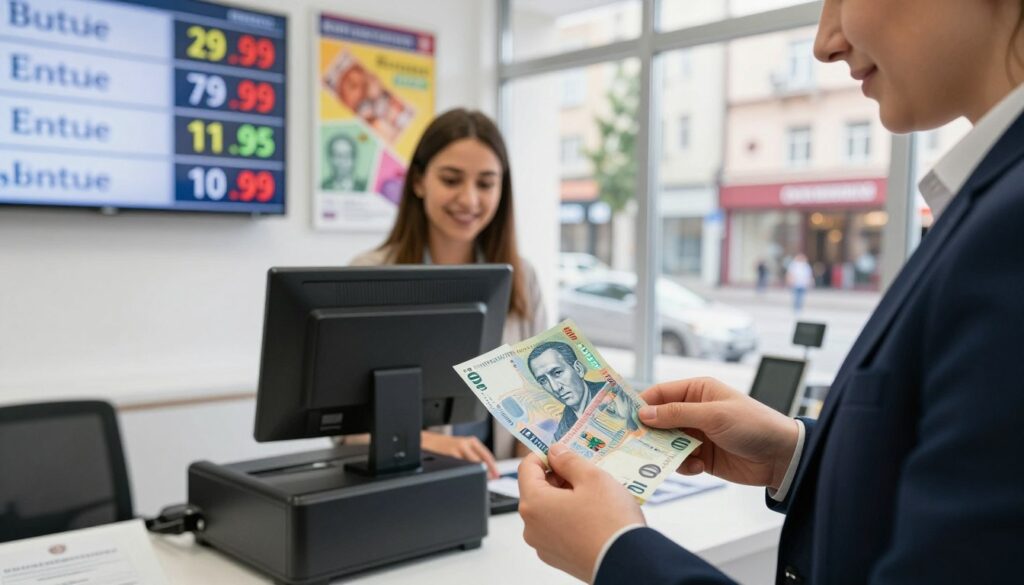 A close-up view of a Romanian currency exchange office, showcasing a clear display board with the current exchange rate of the Romanian Leu. In the foreground, a professional-looking person in business attire is holding Romanian banknotes, examining them thoughtfully. The middle ground features a modern cash register and a friendly teller assisting a customer. The background includes colorful currency posters and a large window showing a bustling city street outside, capturing the lively atmosphere of a financial district. The scene is illuminated with natural light, creating a bright and inviting ambiance. The focus is sharp on the currency elements, with a softly blurred background to enhance the subject matter.