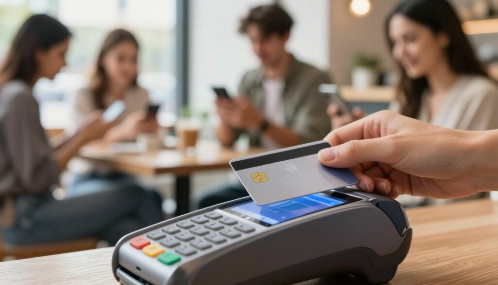 A close-up view of a hand holding a contactless payment card, with a modern point-of-sale terminal in the foreground. The scene is set in a stylish café, where blurred patrons are seated in the background, interacting with their own mobile devices. Soft, natural lighting streams in through large windows, creating a warm and inviting atmosphere. The focus is sharp on the payment card and terminal, with a slight bokeh effect to emphasize the everyday use of contactless payments. The card features a sleek design, hinting at the digital nature of transactions in Estonia. The mood conveys convenience and modernity, reflecting the fast-paced, cashless society.