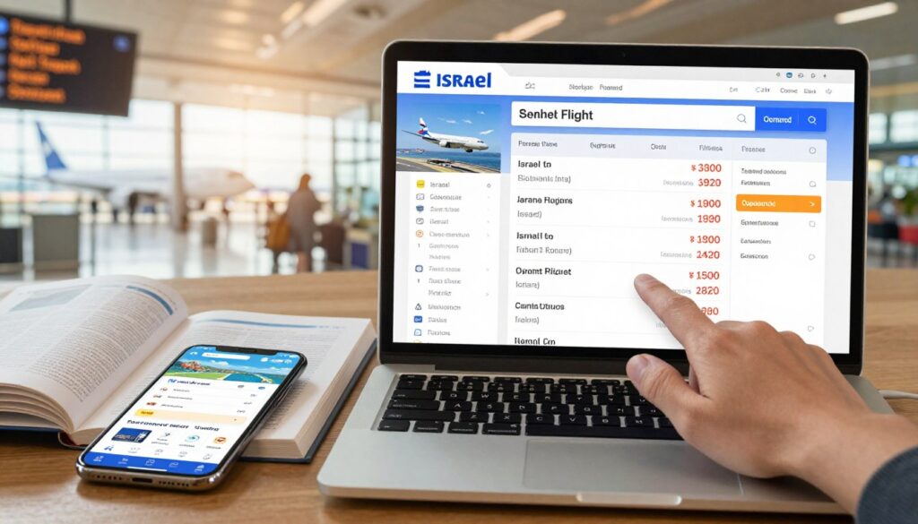 A close-up view of an online flight search interface displayed on a modern laptop, with an attractive, colorful layout showcasing various flight prices to Israel from Poland. In the foreground, a hand gently interacts with the screen, indicating a user actively searching for deals. The middle layer features an open travel guidebook and a smartphone with flight apps juxtaposed beside the laptop, enhancing the theme of travel preparation. The background shows a bright, inviting airport environment, with hints of departure boards and airplanes in a blurred distance, suggesting excitement and anticipation. The lighting is warm and inviting, creating a positive atmosphere that reflects the energy of travel planning. The overall mood is optimistic and encouraging, ideal for those seeking to explore options for affordable flights.