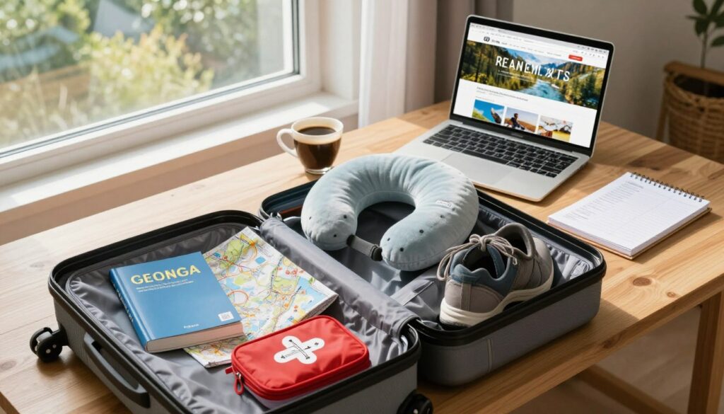 A cozy and organized travel preparation scene inside a well-lit room. In the foreground, a neatly packed suitcase is open, displaying various essential travel items – like a guidebook on Georgia, a map, comfortable shoes, a travel pillow, and a first aid kit. In the middle ground, a wooden table holds a cup of coffee, a laptop showing a travel planning website, and a notepad filled with lists. The background features a scenic window view of a sunny day, suggesting readiness for adventure. Use natural light to create a warm atmosphere, with soft shadows adding depth. Capture from a slightly elevated angle, giving an overview of the preparations while focusing on the details of the items. A cozy and organized travel preparation scene inside a well-lit room. In the foreground, a neatly packed suitcase is open, displaying various essential travel items – like a guidebook on Georgia, a map, comfortable shoes, a travel pillow, and a first aid kit. In the middle ground, a wooden table holds a cup of coffee, a laptop showing a travel planning website, and a notepad filled with lists. The background features a scenic window view of a sunny day, suggesting readiness for adventure. Use natural light to create a warm atmosphere, with soft shadows adding depth. Capture from a slightly elevated angle, giving an overview of the preparations while focusing on the details of the items.