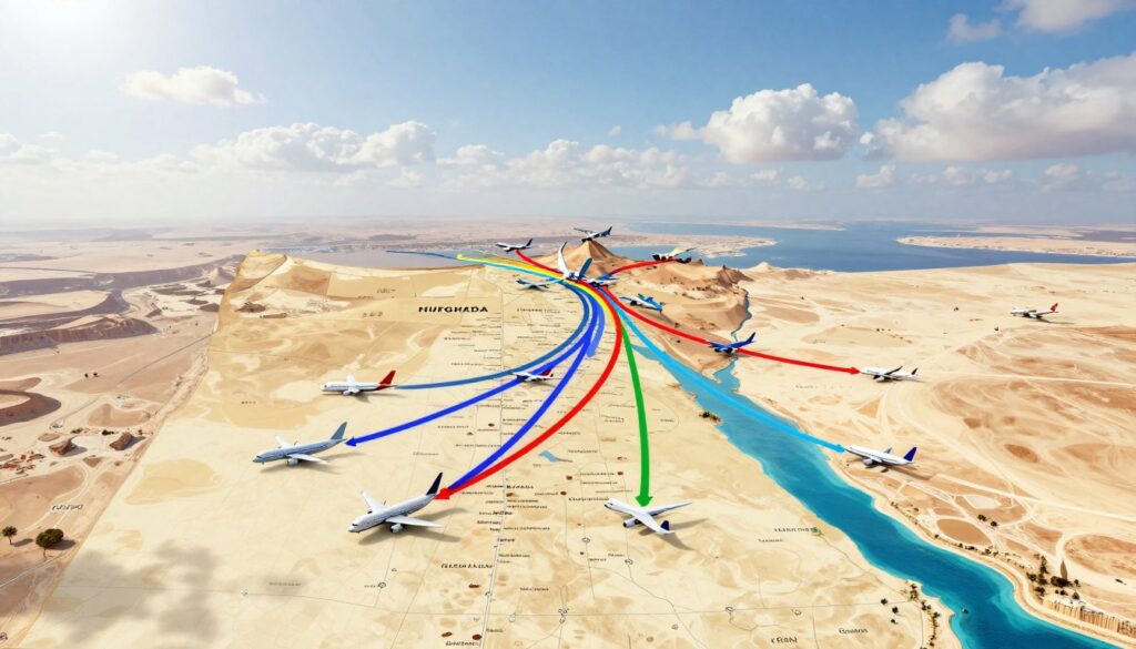A detailed aerial view of flight paths over a map, showcasing various routes leading to Hurghada, Egypt. The foreground features stylized airplane icons representing different aircraft types, tactically placed along bold, colorful flight paths that crisscross the map. In the middle ground, a digital map of Egypt highlights Hurghada with geographic landmarks visible, such as the Red Sea and the surrounding desert landscape. The background illustrates a bright, clear sky with soft, fluffy clouds that evoke a sense of serenity. The lighting is vibrant, suggesting midday sun, enhancing the colors of the map and routes. The atmosphere conveys excitement and anticipation, ideal for travelers planning their journey.
