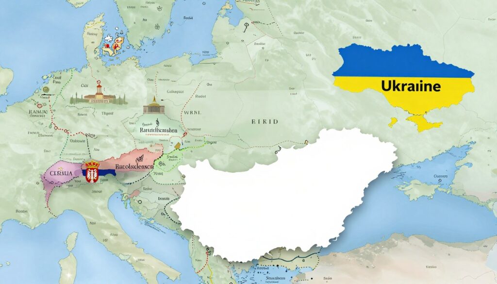 A detailed and informative map of Hungary and its neighboring countries, prominently displaying the lengths of borders with each adjacent country. In the foreground, a stylized representation of Hungary is highlighted, surrounded by its immediate neighbors: Austria, Slovakia, Ukraine, Romania, Serbia, and Croatia. Each border should be visually distinct, showcasing varying lengths using color coding or dashed lines. The middle ground features iconic landmarks from each neighboring country subtly integrated into the map design, enhancing recognition. The background is a soft gradient of blue skies, symbolizing openness and connection. The mood is educational and professional, inviting viewers to explore the geographic relationships. The image will be well-lit, with a flat lay perspective, emphasizing clarity and detail, ensuring no text or markings are present.