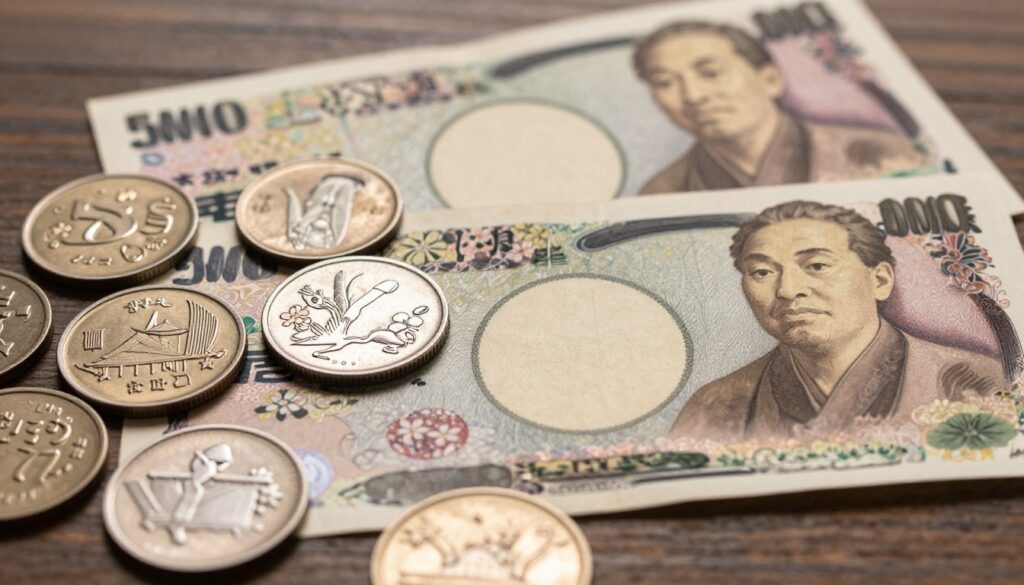 A detailed close-up view of Japanese currency, featuring beautifully designed yen coins and banknotes. In the foreground, showcase a variety of yen coins, highlighting intricate motifs like cherry blossoms, the phoenix, and iconic Japanese architecture. Include a few banknotes, prominently displaying their unique designs with pastoral scenes and notable historical figures. The middle ground should display a textured wooden surface as a backdrop, enhancing the traditional feel. The lighting is soft and warm, creating inviting shadows to emphasize the coins' gleam and the banknotes' intricate details. The angle is slightly tilted, providing a dynamic perspective while maintaining clarity. The atmosphere is rich in authenticity, capturing the essence of Japan's currency as a symbol of its culture and history.