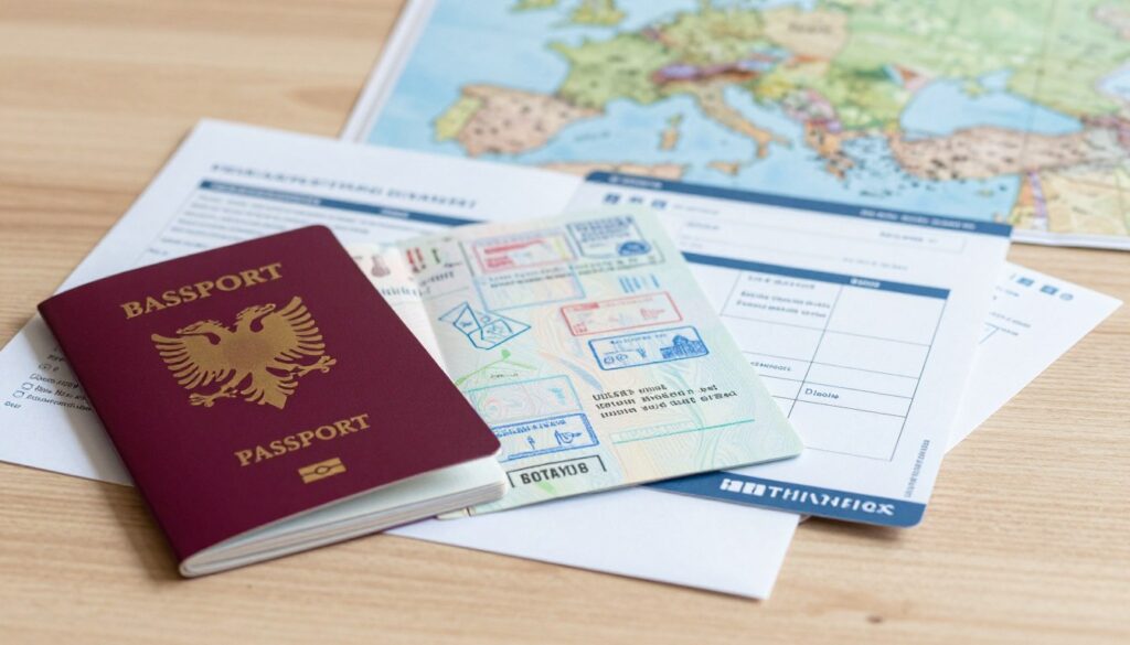 A detailed composition showcasing essential travel documents for entry into Albania, prominently featuring a passport, visa, and flight ticket laid out on a clean wooden table. In the foreground, the passport is partially open, revealing its pages with various stamps. The middle ground includes a neatly arranged stack of documents with a visa application form and an informal itinerary, all under soft, diffused lighting that creates a warm atmosphere. In the background, a blurred map of Albania hints at the travel theme. The scene conveys a sense of preparation and anticipation for a journey. The overall mood is organized and professional, inviting the viewer into the world of travel documentation. A detailed composition showcasing essential travel documents for entry into Albania, prominently featuring a passport, visa, and flight ticket laid out on a clean wooden table. In the foreground, the passport is partially open, revealing its pages with various stamps. The middle ground includes a neatly arranged stack of documents with a visa application form and an informal itinerary, all under soft, diffused lighting that creates a warm atmosphere. In the background, a blurred map of Albania hints at the travel theme. The scene conveys a sense of preparation and anticipation for a journey. The overall mood is organized and professional, inviting the viewer into the world of travel documentation.
