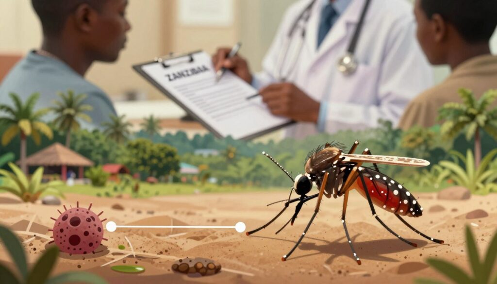 A detailed, educational illustration focused on malaria and its impact in Zanzibar. In the foreground, an infographic-style depiction of a mosquito with marked points indicating disease transmission paths. The middle ground features a serene Zanzibar landscape with lush greenery and hints of local architecture, suggesting a tropical setting. In the background, a soft-focus image of a medical professional in modest attire examining a patient's health records related to malaria prevention. The lighting is warm and inviting, capturing the essence of Zanzibar's atmosphere, while the overall mood invokes a sense of awareness and caution. Use a slightly elevated angle to provide depth and clarity to the image, ensuring it remains informative and professional without any text overlays.