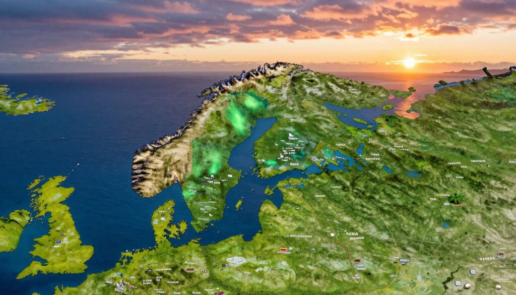 A detailed, expansive map showcasing Norway's borders, including land, sea, and archipelagos. In the foreground, vibrant and clear representations of Norway's landmarks such as the Northern Lights and fjords. The middle ground features a well-defined outline of Norway bordered by Sweden to the east, Finland to the northeast, and Russia to the far north. Surrounding waters illustrate the North Atlantic and the Barents Sea. The background displays a captivating sunset over the ocean, casting warm hues across the sky and reflecting on the water. The scene is captured with a wide-angle lens to emphasize the geographical connection. The overall mood evokes a sense of exploration and natural beauty, perfect for highlighting Norway's unique geography. A detailed, expansive map showcasing Norway's borders, including land, sea, and archipelagos. In the foreground, vibrant and clear representations of Norway's landmarks such as the Northern Lights and fjords. The middle ground features a well-defined outline of Norway bordered by Sweden to the east, Finland to the northeast, and Russia to the far north. Surrounding waters illustrate the North Atlantic and the Barents Sea. The background displays a captivating sunset over the ocean, casting warm hues across the sky and reflecting on the water. The scene is captured with a wide-angle lens to emphasize the geographical connection. The overall mood evokes a sense of exploration and natural beauty, perfect for highlighting Norway's unique geography.