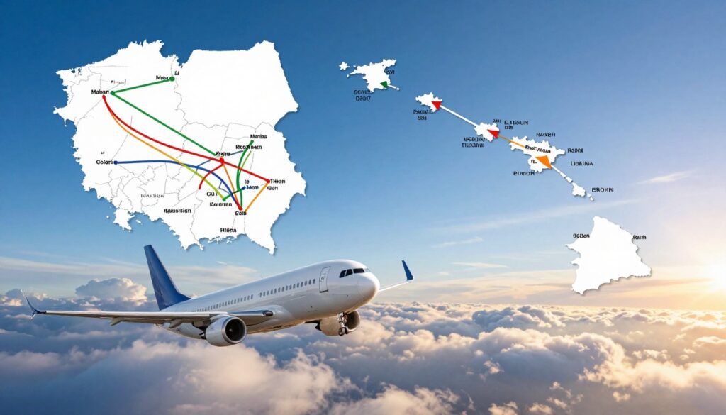 A detailed map illustrating sample flight routes from Poland to Hawaii, focusing on major cities and key waypoints. In the foreground, highlight a dynamic aerial view of an airplane soaring above the clouds, symbolizing the journey. In the middle ground, display a stylized infographic of various flight paths tracing from Poland to various Hawaiian islands, marked with time estimates. The background features a vibrant blue sky transitioning to hints of sunset colors, creating a warm and inviting atmosphere. The image should be bright and professional, capturing the excitement of travel and adventure, with no text overlays or any distractions.