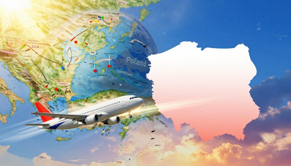 A detailed map of Poland and Cuba, featuring an overlay of flight paths connecting the two countries. In the foreground, a stylized airplane flying from Warsaw to Havana, depicted in mid-flight with dynamic motion lines. In the middle ground, a globe highlighting Poland and Cuba with distinctly marked distances, perhaps with a measuring tape or ruler visualizing the journey. The background consists of vibrant skies transitioning from the blues of Poland to the sunny, warm hues of Cuba. Soft sunlight streaming from the top left casts gentle shadows, creating a warm, inviting atmosphere. The image should reflect a sense of adventure and distance, emphasizing the connection between these two nations.