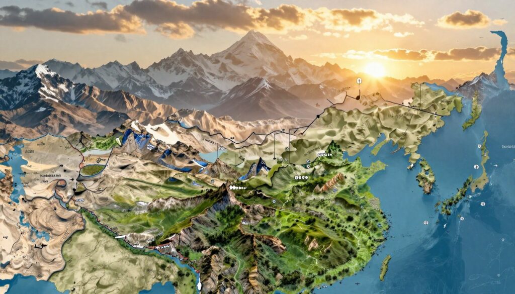 A detailed map of the border disputes between India, Nepal, and Bhutan, prominently featuring the mountainous regions where these countries intersect. The foreground displays a stylized, artistic representation of the disputed areas, emphasizing the topography with lush green hills and rugged mountains. In the middle ground, include abstract lines and markers indicating the contentious border points, with arrows and dashes to suggest conflict. The background presents a serene sunset over the Himalayas, casting warm, golden light across the landscape, creating a mood of tension yet beauty. Use a wide-angle perspective to capture the full scope of the geographic features. The composition should evoke a sense of complexity and intrigue while remaining informative.