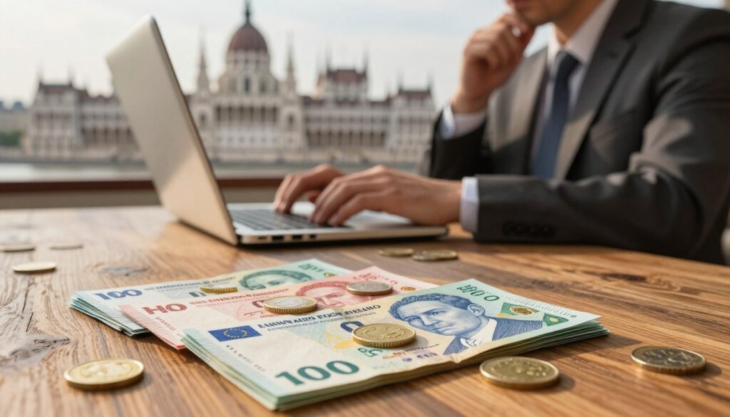 A detailed, vibrant image illustrating currency exchange in Hungary, focusing on the HUF (Hungarian Forint). In the foreground, include a stack of colorful HUF banknotes and coins arranged neatly on a rustic wooden table, symbolizing exchange. In the middle ground, show a professional-looking person in business attire analyzing exchange rates on a laptop, with a thoughtful expression. The background features a softly blurred cityscape of Budapest, emphasizing the Hungarian culture. The lighting is warm and inviting, suggesting a late afternoon atmosphere, casting gentle shadows across the scene. Capture the essence of currency conversion, highlighting both the challenge and strategic approach to managing expenses. The overall mood should convey professionalism and insightfulness.