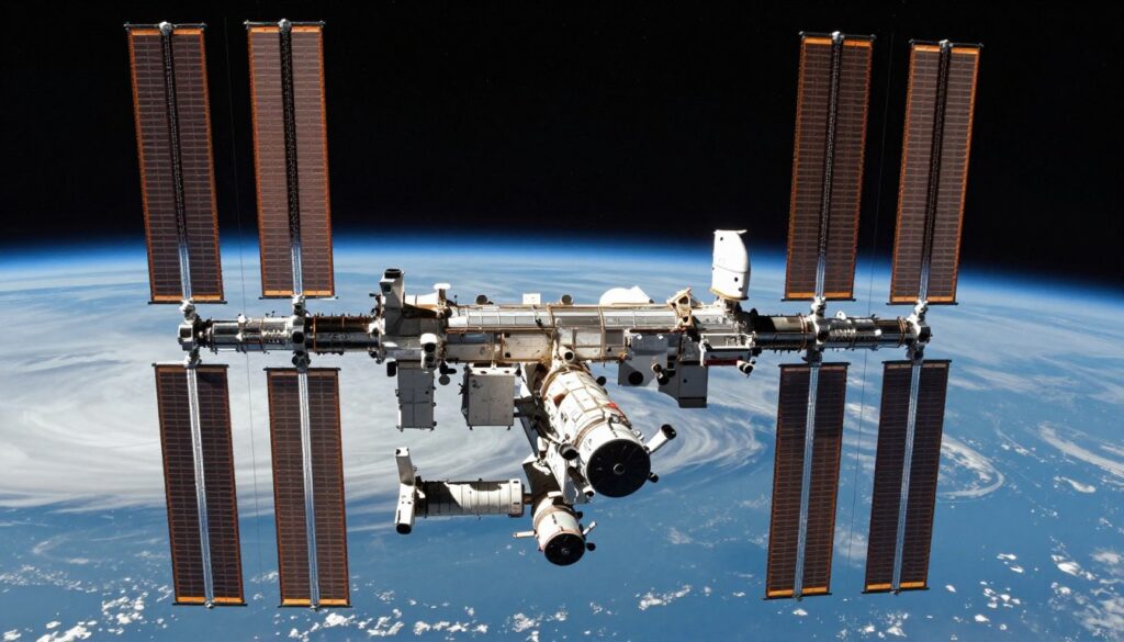 A detailed view of the International Space Station (ISS) orbiting Earth, captivatingly illuminated by sunlight against the backdrop of a starry night sky. In the foreground, the ISS features its iconic solar panels and modules, showcasing the intricate design and technology. The middle ground displays Earth, partially visible with swirling clouds and blue oceans, emphasizing the vastness of space. The background consists of a deep, dark expanse dotted with distant stars, adding depth and a sense of infinity. The lighting should create a dramatic contrast between the bright ISS and the dark cosmos, evoking awe and wonder. The atmosphere is serene yet awe-inspiring, highlighting the incredible achievement of human space exploration.