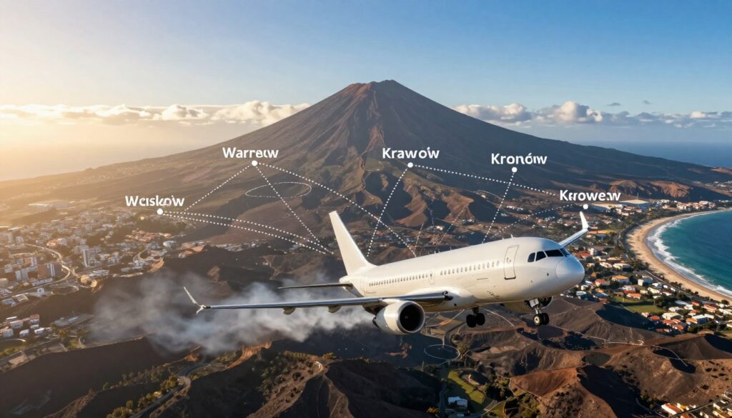 A dynamic aerial view showcasing the flight paths from major Polish cities to Tenerife. In the foreground, a sleek, modern airplane takes off, its contrails gracefully streaming behind. The middle ground features a stylized map overlay illustrating prominent Polish cities like Warsaw, Kraków, and Wrocław, connected to Tenerife with dotted lines. The background depicts a stunning panorama of Tenerife, highlighting its iconic volcanic landscapes and beaches under a bright blue sky. The warm, golden light of sunset bathes the scene, creating an inviting and adventurous atmosphere. Capture this image with a wide-angle lens for a sense of expansiveness, emphasizing both the journey and the destination.