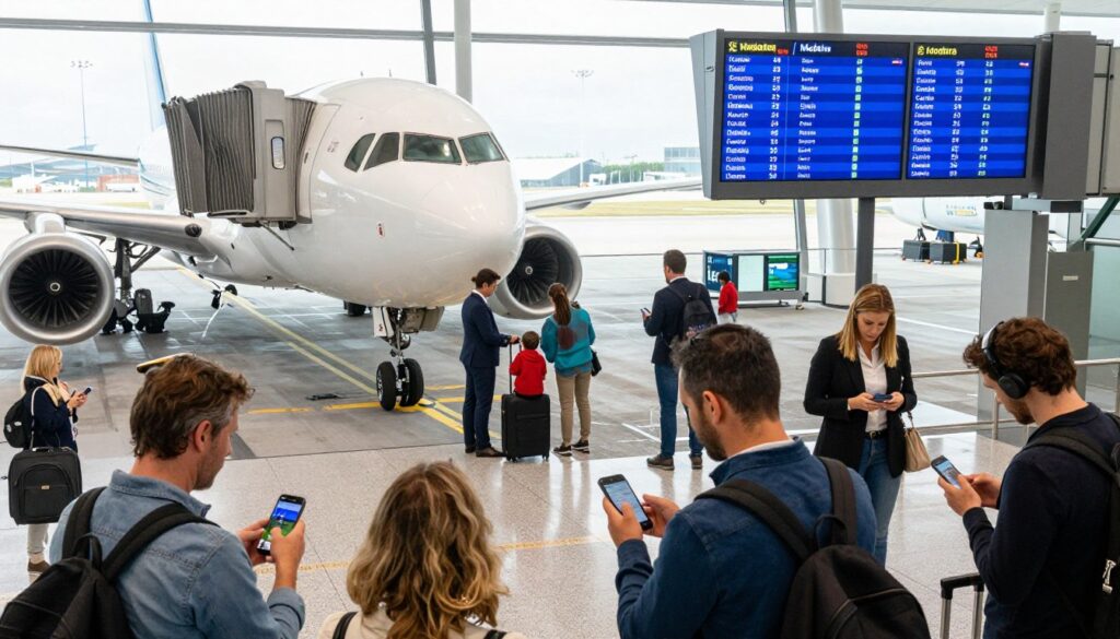 A dynamic airport scene featuring an airplane at the gate with passengers boarding. In the foreground, a diverse group of travelers, dressed in smart casual attire, view their flight itineraries on mobile devices. In the middle ground, an airline representative provides assistance to a family with luggage, while a departure board in the background displays flight information, emphasizing connections to Madeira. The atmosphere is bustling yet organized, illuminated by bright, natural light streaming through large windows. The image conveys a sense of excitement and anticipation for the journey ahead, with an overhead shot angle capturing the busy terminal environment, showcasing the beauty of travel preparation and logistics.