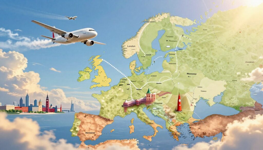 A dynamic split-scene illustration showcasing the flight routes from England to Poland. In the foreground, a vintage-style airplane soaring in the sky, leaving a trail that traces a path from a bustling London airport to a vibrant Kraków skyline, symbolizing popular flight connections. In the middle, a detailed map highlighting key cities such as London, Warsaw, and Gdańsk with dotted lines representing flight paths. The background features soft, fluffy clouds bathed in golden sunlight, creating an uplifting atmosphere. The lighting is bright with a clear blue sky, emphasizing a day of travel. The scene should evoke a sense of adventure and exploration, ideal for travelers considering their journey between these two countries.