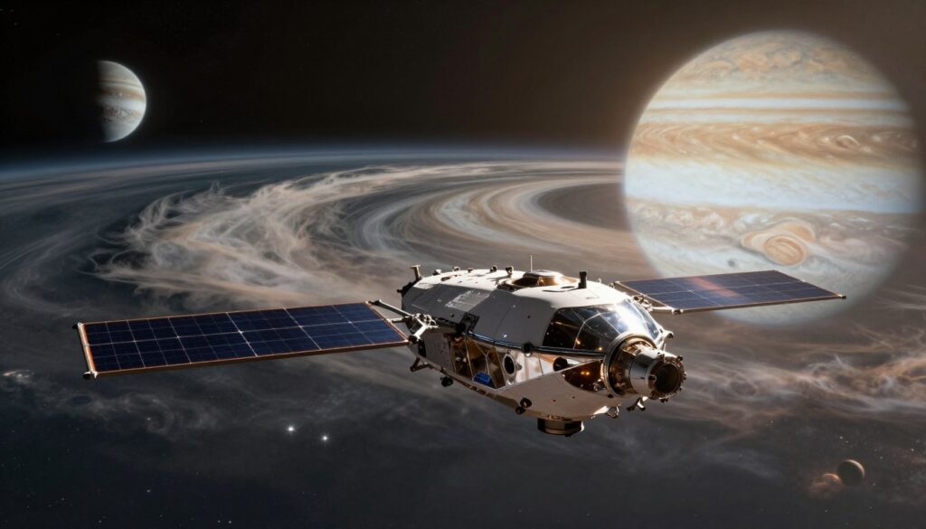 A futuristic space probe, sleek and high-tech, is depicted soaring through the vastness of space, illuminated by the distant glow of the planet Jupiter in the background. The foreground shows the probe's intricate design, with solar panels extended and a reflective surface that captures the cosmos around it. In the middle ground, swirling clouds of gas and dust represent the space environment, hinting at the challenges of interplanetary travel. The lighting is ethereal, casting soft glows and shadows, creating a sense of wonder and exploration. The image captures a tranquil yet awe-inspiring atmosphere, emphasizing the vast distance and difficulty of missions to Jupiter. The shot is captured from a slightly low angle, enhancing the probe's stature against the sprawling universe.