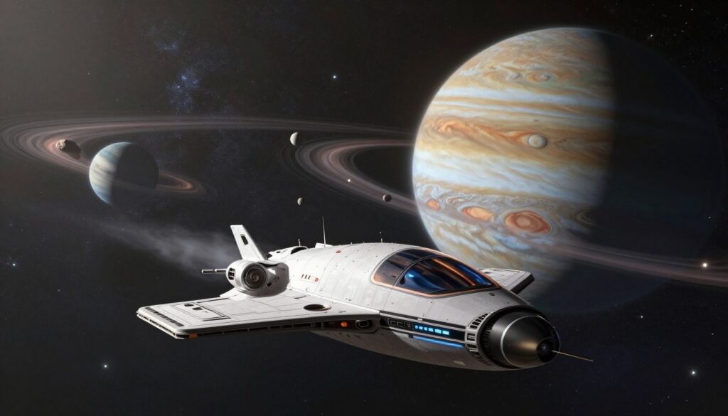 A futuristic space scene illustrating factors affecting travel time to Jupiter. In the foreground, a sleek spacecraft designed for deep space exploration, reflecting advanced technology, navigates through a detailed starfield. In the middle ground, various celestial elements like asteroid belts and gravitational pulls from nearby planets are depicted, emphasizing their impact on travel duration. The background showcases a magnificent view of Jupiter, with its swirling clouds and prominent storms. Soft, ethereal lighting enhances the atmosphere, creating a sense of vastness and wonder. The composition should have a slight angle from below, making the spacecraft appear dynamic and in motion, inviting the viewer to ponder the complexities of space travel.
