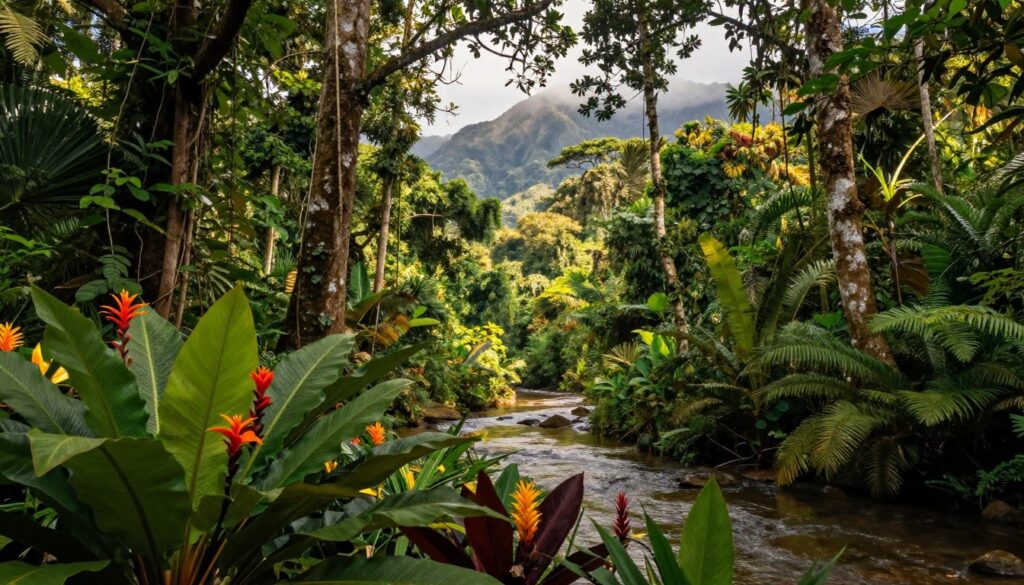 A lush, dense jungle scene in Venezuela, showcasing a vibrant array of flora. In the foreground, exotic plants with large, broad leaves and colorful flowers create a lively tapestry. The middle ground features towering trees with thick trunks and a network of vines intertwined among their branches. A gentle stream glistens through the scene, reflecting the dappled sunlight filtering through the canopy. In the background, majestic mountains rise, partially shrouded in mist, hinting at the mysterious allure of untouched nature. The lighting is warm and soft, evoking a serene and inviting atmosphere, perfect for exploring the beauty and potential dangers of the Venezuelan wilderness. Capture this image from a slightly elevated angle to provide depth and dimension to the landscape.