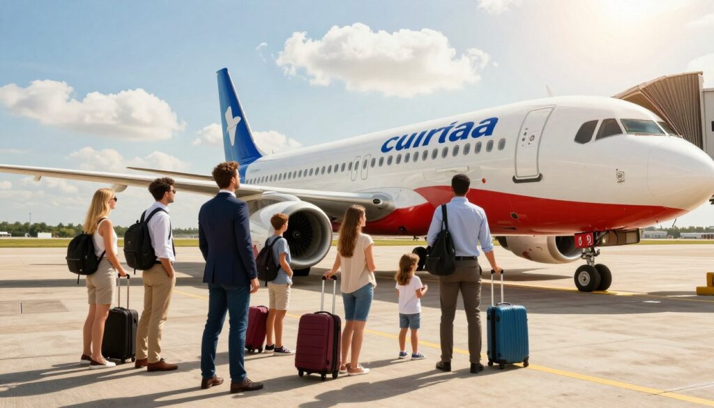 A modern airport scene showcasing a direct flight to Cuba from Warsaw. In the foreground, a sleek, colorful airplane with Cuba's national colors is parked at the terminal, with passengers boarding. In the middle ground, a group of diverse travelers, including business professionals in smart attire and families with luggage, are gathered at the boarding gate, eagerly looking towards the plane. The background features a bright, sunny sky with a few fluffy clouds, enhancing the atmosphere of anticipation and excitement. Warm, natural lighting illuminates the scene, conveying a sense of optimism and adventure. The image captures the essence of direct international travel, emphasizing convenience and a carefree journey towards a tropical destination.