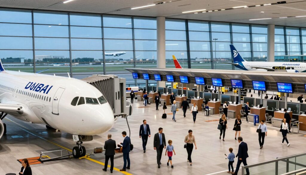 A modern airport terminal bustling with activity, showcasing a variety of airlines in vibrant colors. In the foreground, a sleek airplane of a prominent airline is parked at the gate, with its logo clearly visible. Business travelers and families are boarding, dressed in professional business attire and smart casual clothing, conveying a sense of travel readiness. In the middle, rows of spacious check-in counters and digital departure screens illuminate the busy atmosphere. In the background, large windows reveal a clear blue sky, with another airplane taking off in the distance. The lighting is bright and welcoming, creating a lively and comfortable mood, highlighting the convenience and efficiency of air travel. The composition captures the essence of journeys from Warsaw to Dubai, emphasizing comfort and professionalism.