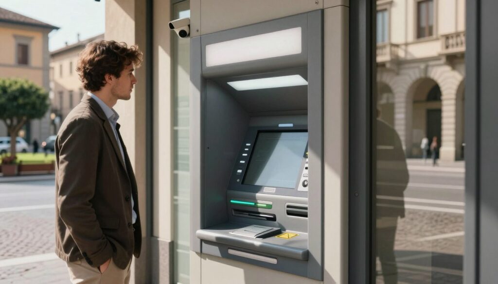 A modern bank ATM in a well-lit urban setting in Italy, showcasing a focus on safety features like a card protection shield and security camera. In the foreground, the ATM displays a sleek design, with a glowing screen and card slot visibly illustrating cautionary signage. The middle ground features a passerby in modest, professional attire, observing the ATM cautiously, symbolizing vigilance. The background reveals charming Italian architecture, with cobblestone streets and greenery, enhancing the cultural setting. Natural daylight casts soft shadows, creating a warm, inviting atmosphere while emphasizing a sense of security. The overall mood conveys awareness and safety in using bank ATMs while traveling.