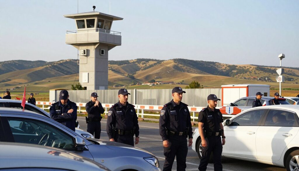 A modern border security scene at Hungary’s borders, showcasing a mix of professionalism and vigilance. In the foreground, well-uniformed border patrol agents are inspecting vehicles at a busy border crossing, their expressions focused and alert. The middle ground features a high-tech surveillance tower and a series of security barriers, enhancing the feeling of safety. In the background, rolling hills symbolize the natural landscape that defines the border area, bathed in warm daylight that casts soft shadows. The atmosphere conveys a sense of security, cooperation, and the complexity of modern border management. Use a wide-angle lens perspective to capture the expansive scene, emphasizing both human and technological elements harmoniously.