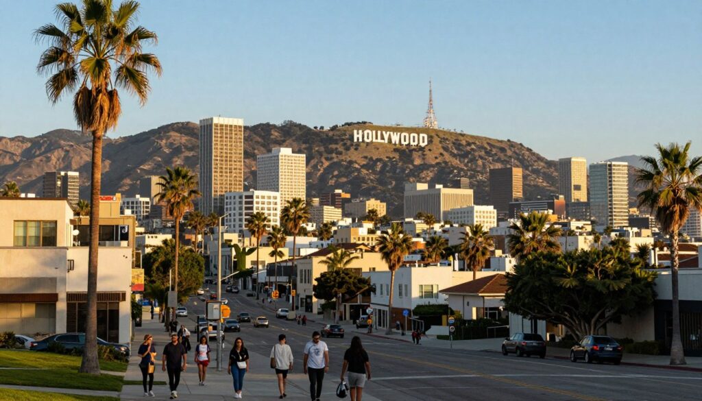 A panoramic view of Los Angeles during the late afternoon, showcasing iconic landmarks like the Hollywood sign, urban high-rises, and the Santa Monica coastline. In the foreground, palm trees sway gently in the breeze, enhancing the Californian vibe. The middle ground features the bustling city with busy streets and people dressed in casual summer attire. The sun casts a warm golden glow on the buildings, creating a vibrant atmosphere. In the background, the majestic mountains rise against a clear blue sky, indicating the city's vastness. The composition is captured from a slightly elevated angle, providing depth, with soft shadows for an inviting feel. Overall, the image evokes the excitement and allure of traveling to this renowned destination.