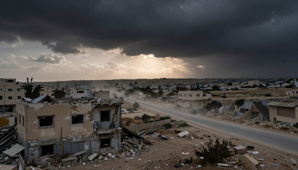 A panoramic view of the Gaza Strip and its border areas under a stark and foreboding sky. In the foreground, a dilapidated building stands, showcasing signs of wear and conflict, with scattered debris around it. The middle ground reveals a dust-covered road leading towards the border, partly obscured by a haze. In the background, distant hills are silhouetted against a muted sun, casting a somber light over the landscape. The atmosphere is tense and uncertain, evoking a feeling of unease. The lighting is dramatic, with dark clouds looming overhead, suggesting an impending storm. The image should resonate with a sense of caution and reflection, effectively highlighting the significance of the Gaza Strip in the context of travel safety.