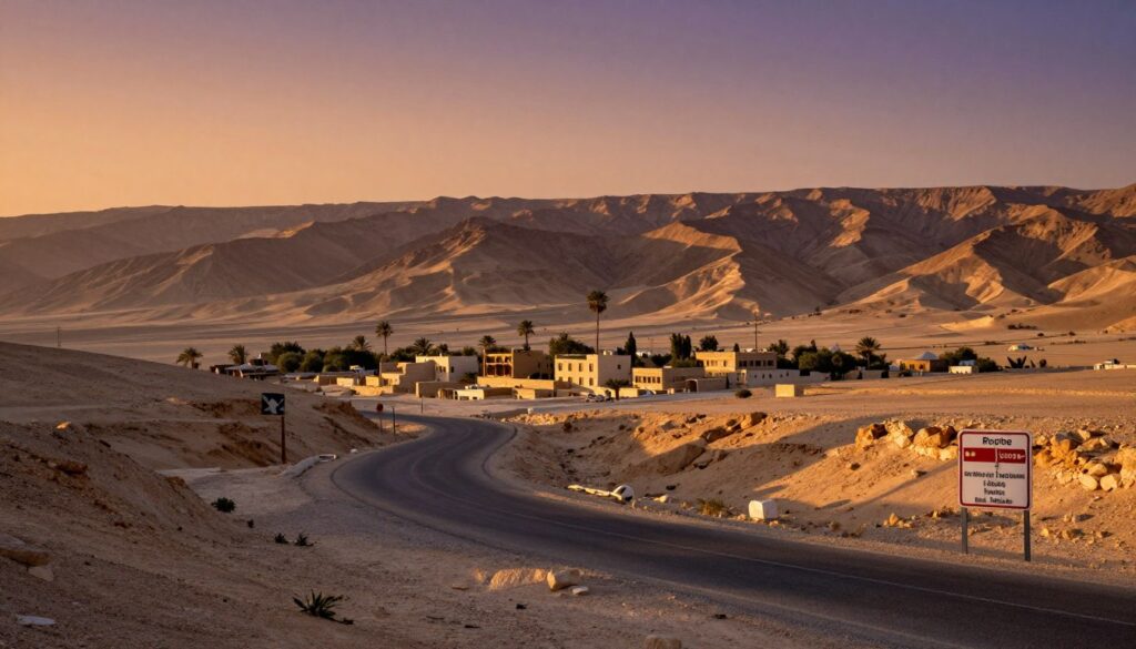 A panoramic view of the Middle East landscape, showcasing arid mountains in the background, dotted with sparse vegetation and traditional stone architecture. In the foreground, a winding road leads through a desolate desert, emphasizing the region's vastness and isolation, symbolizing travel risks. Include signs indicating restricted areas and local advisories to reflect the article's subject on safety and planning. The sky is a gradient of warm oranges and deep purples, suggesting sunrise or sunset, casting dramatic shadows across the terrain. The scene is tranquil yet evokes a sense of caution, inviting contemplation about travel decisions in this complex region. Capture the image with a wide-angle lens to enhance depth and scale, ensuring no human figures are present to maintain focus on the environment. A panoramic view of the Middle East landscape, showcasing arid mountains in the background, dotted with sparse vegetation and traditional stone architecture. In the foreground, a winding road leads through a desolate desert, emphasizing the region's vastness and isolation, symbolizing travel risks. Include signs indicating restricted areas and local advisories to reflect the article's subject on safety and planning. The sky is a gradient of warm oranges and deep purples, suggesting sunrise or sunset, casting dramatic shadows across the terrain. The scene is tranquil yet evokes a sense of caution, inviting contemplation about travel decisions in this complex region. Capture the image with a wide-angle lens to enhance depth and scale, ensuring no human figures are present to maintain focus on the environment.