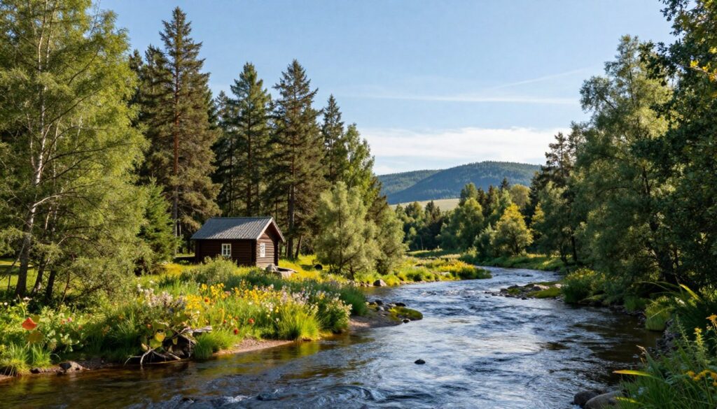A picturesque view of the border between Finland and Sweden, showcasing a serene landscape in the western region. In the foreground, a tranquil river meanders through lush green forests, with wildflowers blooming along its banks. Moving to the middle ground, a small wooden cabin peeks out from behind tall pine trees, representing the local culture. In the background, rolling hills and distant mountains create a dramatic backdrop under a clear blue sky illuminated by warm sunlight. The mood is peaceful and inviting, capturing the essence of nature's beauty at the border. The scene should be captured with a wide-angle lens for a sweeping view, highlighting the harmony of the landscape without any human presence or distractions.