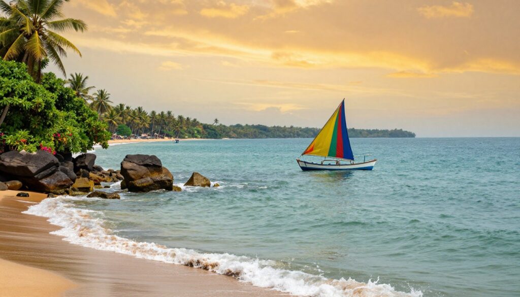 A picturesque view of the maritime border between India and Sri Lanka, showcasing the serene waters of the Palk Strait. In the foreground, gentle waves lapping at the shore with some rocky formations, possibly on the Indian side, covered with lush greenery. In the middle ground, a traditional fishing boat, equipped with colorful sails, gliding gracefully through the crystal-clear waters, symbolizing the local fishing culture. In the background, the distant outline of the Sri Lankan coastline with palm trees, sandy beaches, and gentle hills under a vibrant sunset sky, casting warm golden hues over the scene. The atmosphere is tranquil and inviting, with soft, natural lighting highlighting the beauty of this unique border area. Captured with a wide-angle lens to emphasize the expansiveness of the ocean and the land's edge.