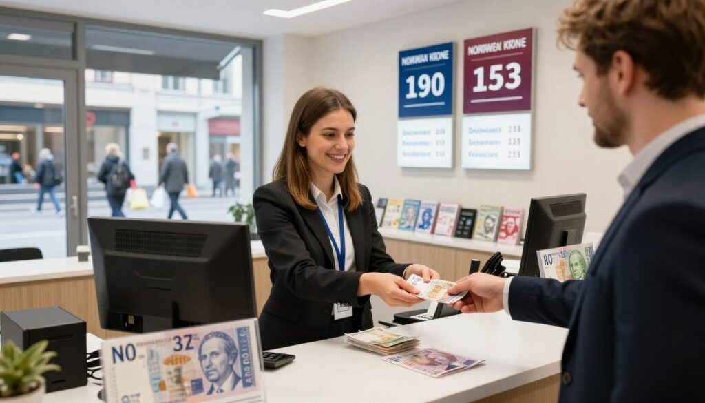 A professional currency exchange office interior, featuring a sleek modern design with a counter displaying Norwegian currency, the krone. In the foreground, a friendly agent in business attire assists a customer, exchanging money. The middle ground showcases a variety of currency exchange signs, highlighting exchange rates for the Norwegian krone, with brochures about currency exchange options in Norway. In the background, large glass windows reveal a bustling street scene with pedestrians carrying shopping bags. The lighting is bright and inviting, with a warm color palette to create a welcoming atmosphere. The angle is slightly elevated, providing a comprehensive view of the exchange office's activity and ambiance.
