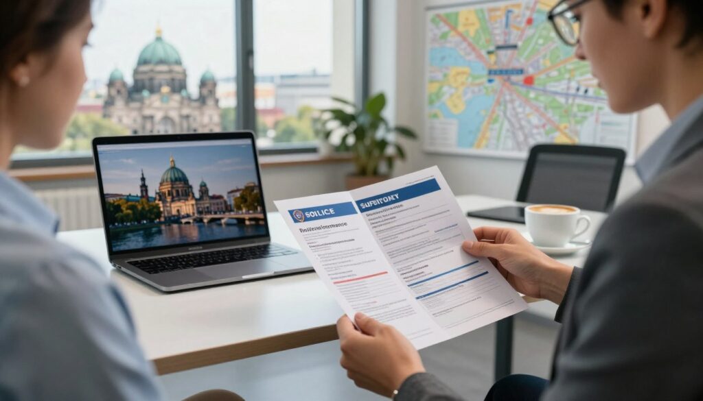 A professional travel advisor in a modern Berlin office, reviewing official travel documents and insurance papers, surrounded by maps of Berlin's popular attractions. In the foreground, a well-dressed individual is intently studying a brochure about local safety and police contact information. The middle ground features a sleek desk with a laptop displaying a Berlin cityscape, and a coffee cup exuding warmth. In the background, large windows reveal a picturesque view of Berlin's iconic architecture under soft, natural daylight. The overall atmosphere is focused and informative, with warm and inviting lighting that emphasizes a sense of safety and preparedness for travelers.