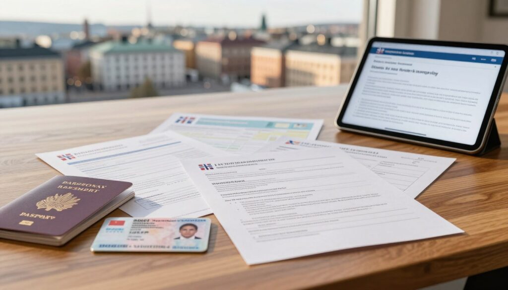 A realistic and detailed depiction of residence documents scattered across a polished wooden desk. In the foreground, there's a close-up of a passport, an ID card, and a digital tablet displaying essential information about residency requirements in Norway. In the middle ground, various official forms and health insurance papers are organized neatly. The background features a soft-focus cityscape of Oslo with Scandinavian architecture, bathed in warm afternoon sunlight, creating a calm and inviting atmosphere. The setting conveys a sense of professionalism and organization, suitable for a business environment. Use natural lighting to highlight the textures of the documents and the wood, with a shallow depth of field to keep the viewer’s focus on the documents.