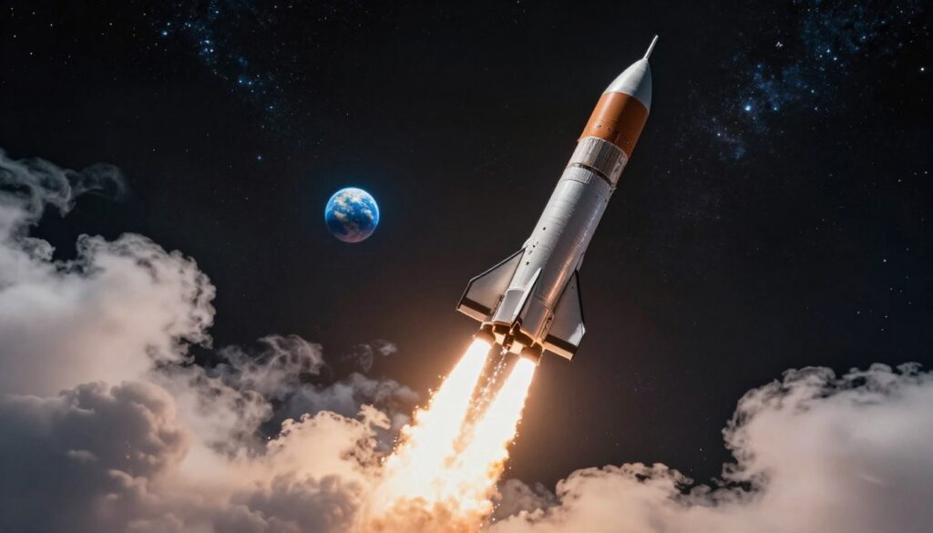A rocket ascending into the vastness of space, leaving a trail of fiery exhaust and billowing clouds behind it. In the foreground, the sleek, metallic rocket showcases intricate details and sharp lines, reflecting the sunlight. In the middle ground, the blue Earth is visible, appearing small and distant beneath the rocket, emphasizing the scale of space travel. The background is filled with a starry expanse, with twinkling stars and celestial bodies creating a sense of depth and wonder. The lighting is bright but dramatic, highlighting the rocket against the dark, infinite sky. The mood is awe-inspiring and adventurous, capturing the excitement of embarking on a journey through the cosmos.