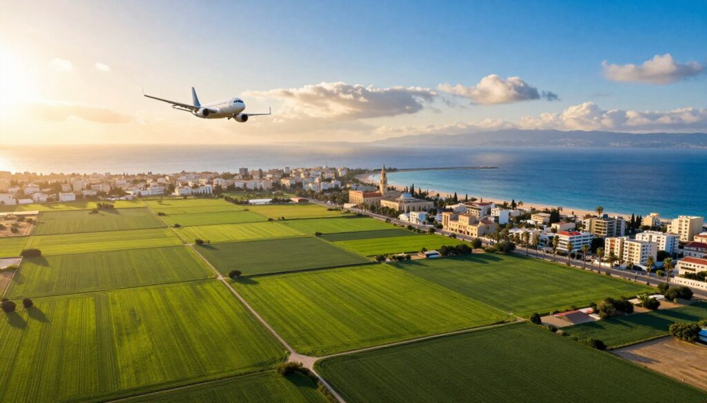 A scenic aerial view depicting the flight route from Poland to Cyprus, with vibrant landscapes showing lush green fields of Poland smoothly transitioning into the Mediterranean coast of Cyprus. In the foreground, a modern airplane cuts through the clear blue sky, heading toward a sunlit horizon where clouds softly reflect the golden rays of the sun. In the middle ground, illustrate iconic landmarks of Larnaca and Paphos, like the palm-lined beaches and historical sites, bathed in warm, inviting light. The background features a tranquil sea, shimmering under the sun, with a hint of distant mountains framing the coastal skyline. The atmosphere should evoke a sense of excitement and anticipation associated with travel, showcasing a blend of urban and natural beauty.
