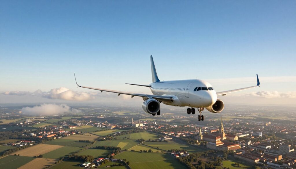 A scenic aerial view showcasing a commercial airplane in flight, gracefully soaring through a clear blue sky. In the foreground, the sleek airplane is depicted with its wings extended, emphasizing the idea of travel from England to Poland. Below, a patchwork of green fields and urban landscapes represents both countries, subtly merging iconic landmarks like London's skyline and Warsaw's historic buildings. The middle ground captures wisps of fluffy white clouds, adding depth and dimension. The sun casts a warm golden light, enhancing the tranquil atmosphere of flight. The image is composed with a slightly angled perspective, giving a sense of movement and excitement associated with air travel. The mood is optimistic and inspiring, reflecting the journey's essence and the anticipation of adventure.