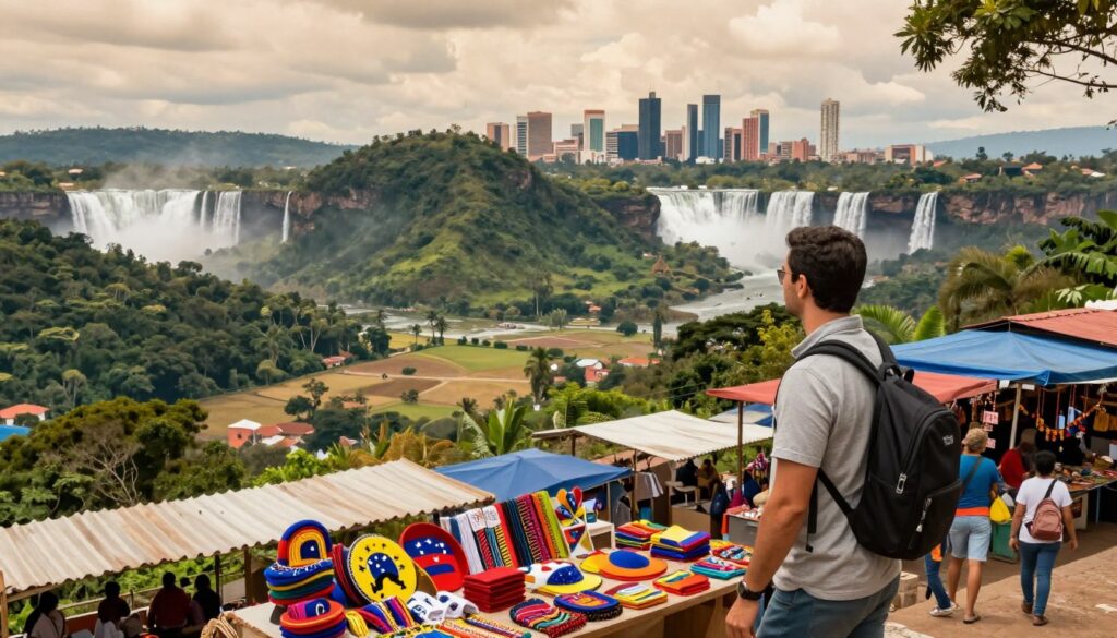 A scenic view of Venezuela showcasing various regions, illustrating the diverse safety levels across the country. In the foreground, a professional-looking traveler in modest casual clothing explores a vibrant local market, surrounded by colorful stalls displaying traditional crafts and goods. The middle ground features diverse landscapes, including lush green mountains and arid plains, symbolizing different regional characteristics. In the background, iconic Venezuelan landmarks like Angel Falls and Caracas skyline hint at the contrast in safety perceptions. Soft, natural lighting filters through the clouds, creating a warm, welcoming atmosphere. The angle is slightly elevated, capturing the expansive beauty of the various regions while emphasizing the presence of the traveler, creating a sense of exploration and awareness.