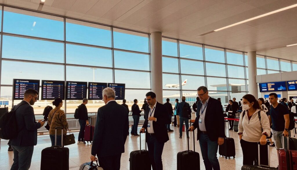 A scenic view of a busy airport terminal, showcasing travelers waiting for their connecting flights to Crete. The foreground features a diverse group of passengers, dressed in professional business attire, consulting flight boards and checking luggage. In the middle, large windows reveal a bright blue sky with an airplane taking off in the distance. The background displays modern architectural elements of the terminal, illuminated with soft, natural lighting that enhances the sense of adventure and anticipation. Captured from a low angle to emphasize the height of the terminal and the motion of the planes, the atmosphere conveys excitement and the energy of travel. The focus is on the journey and the connection to Crete, creating a warm and welcoming ambiance.