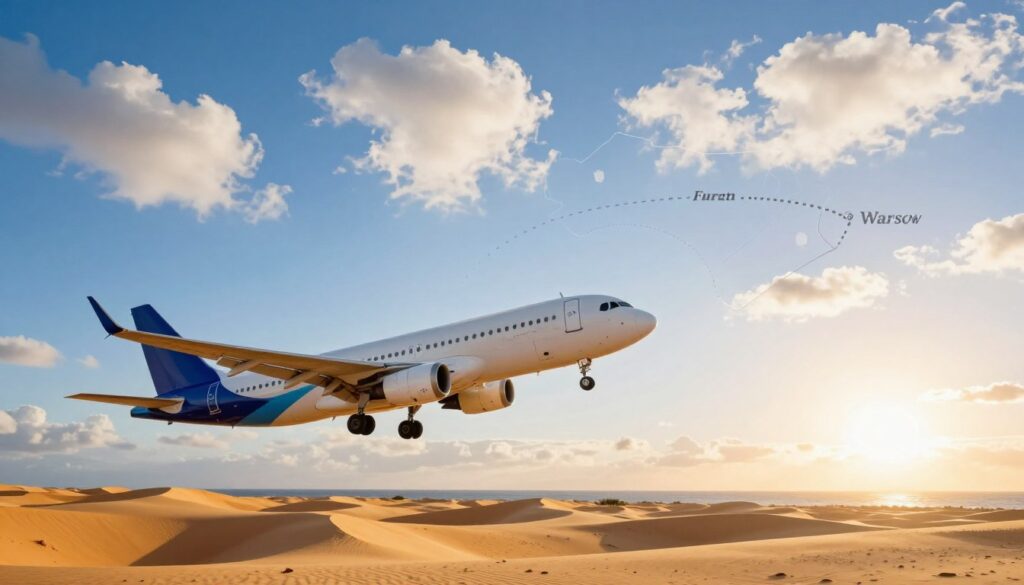 A scenic view of a direct flight route from Warsaw to Fuerteventura, showcasing an airplane soaring through a bright blue sky with fluffy white clouds. In the foreground, depict the airplane at an angle, emphasizing its sleek design and vibrant colors. In the middle ground, illustrate a subtle map outline connecting Warsaw and Fuerteventura, with a dotted flight path. In the background, feature a stunning landscape of Fuerteventura’s golden beaches and rolling dunes under a warm sunset, casting a soft golden hue across the scene. The lighting should be bright and inviting, evoking a sense of adventure and relaxation. The overall mood is optimistic and exhilarating, ideal for travel enthusiasts planning their next getaway.