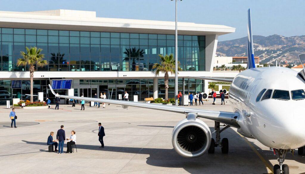 A serene airport scene capturing the essence of direct flights to Crete from Polish cities. In the foreground, a sleek modern airplane with Polish airline branding is parked on the tarmac, engines glistening under the bright sun. In the middle ground, a busy airport terminal shows travelers dressed in professional business attire and modest casual clothing checking flight schedules and enjoying coffee. The background features intelligent architecture with large glass windows reflecting the blue sky, palm trees swaying gently in the breeze, and distant views of rolling hills indicative of the Mediterranean landscape. The lighting is bright and inviting, conveying a sense of adventure and eagerness for travel. The atmosphere is lively yet organized, embodying the anticipation of a perfect getaway to the beautiful island of Crete.