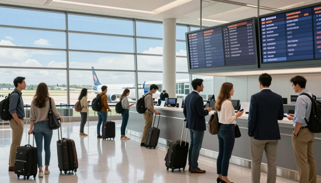 A serene airport scene showcasing a busy yet organized terminal, filled with travelers preparing for their flights to the USA. In the foreground, a diverse group of people in professional business attire and modest casual clothing is gathered around a large departure board, studying flight times. In the middle ground, you can see travelers with rolling suitcases anxiously checking in and boarding their flights, with a backdrop of massive windows revealing a bright blue sky and airplanes on the runway. The lighting is bright and natural, giving a sense of optimism and excitement about the journey ahead, while the overall atmosphere is bustling but organized, effectively capturing the essence of waiting for a long international flight.