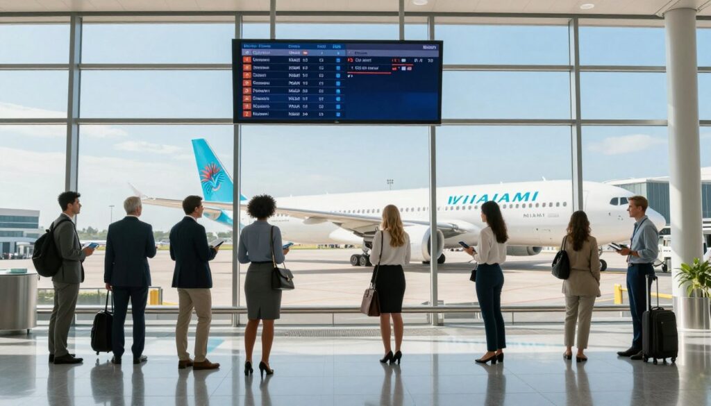 A serene airport scene showcasing a modern terminal bustling with travelers. In the foreground, a group of diverse passengers in professional business attire eagerly checking their flight schedules on digital displays. The middle ground features sleek, large windows revealing a bright, sunny day outside, with a direct flight to Miami prominently displayed. In the background, a large airplane with Miami's logo is being prepared for takeoff, set against a clear blue sky. Soft natural lighting streams in through the glass, casting reflections on the polished floor. The atmosphere conveys anticipation and excitement, emphasizing the convenience of direct flights and the allure of travel.