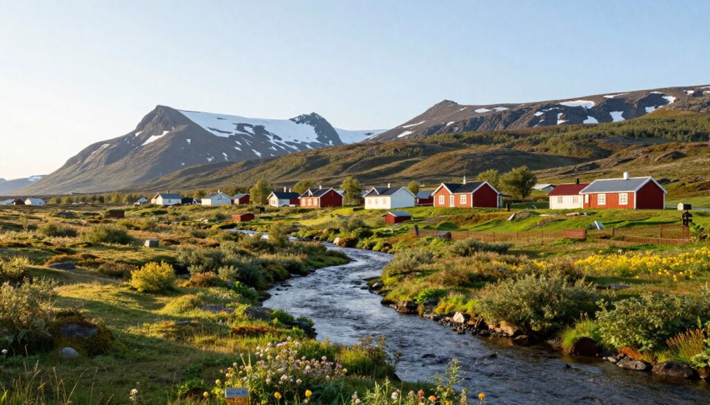 A serene and expansive view of the Norway-Finland border, showcasing the picturesque landscape in the northern region. In the foreground, a gentle stream meanders between lush greenery and patches of wildflowers, providing a touch of vibrancy. The middle ground features traditional Sámi dwellings with colorful rooftops, symbolizing the indigenous culture. In the background, rolling hills transition into the majestic, snow-capped peaks of the Scandinavian mountains under a bright, clear sky. The scene is illuminated by soft, golden afternoon sunlight, casting long, gentle shadows. The atmosphere is peaceful and reflective, evoking a sense of harmony between nature and culture, ideal for representing the collaborative spirit of border regions. Capture this stunning vista with a wide-angle lens to encompass the grandeur of the landscape. A serene and expansive view of the Norway-Finland border, showcasing the picturesque landscape in the northern region. In the foreground, a gentle stream meanders between lush greenery and patches of wildflowers, providing a touch of vibrancy. The middle ground features traditional Sámi dwellings with colorful rooftops, symbolizing the indigenous culture. In the background, rolling hills transition into the majestic, snow-capped peaks of the Scandinavian mountains under a bright, clear sky. The scene is illuminated by soft, golden afternoon sunlight, casting long, gentle shadows. The atmosphere is peaceful and reflective, evoking a sense of harmony between nature and culture, ideal for representing the collaborative spirit of border regions. Capture this stunning vista with a wide-angle lens to encompass the grandeur of the landscape.