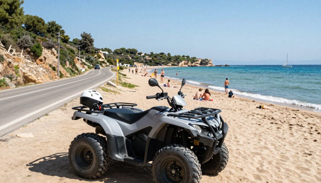 A serene coastal scene showcasing safety on roads and beaches in Greece. In the foreground, a quad bike is parked on the sandy shore, with a helmet placed on the seat, indicating readiness for safe exploration. The middle ground features a scenic road winding along the coastline, flanked by lush greenery and beachgoers enjoying the sun in modest attire, ensuring a family-friendly atmosphere. In the background, gentle waves lap at the shore under a clear blue sky, with a few sailboats in the distance. The lighting is bright and natural, capturing the warmth of a sunny day. The overall mood is relaxed and safe, promoting responsible adventure and enjoyment of the beautiful landscape without any distractions or text elements.