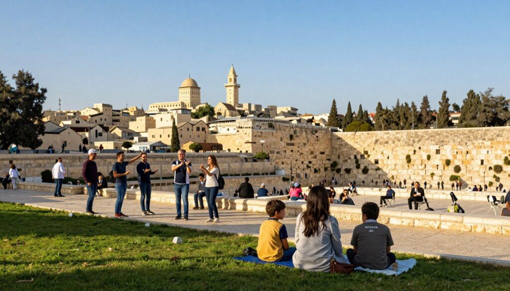 A serene landscape of Israel showcasing contrasting elements that symbolize safety and security. In the foreground, a family of four dressed in modest, casual clothing enjoys a picturesque park, emphasizing peace and togetherness. In the middle ground, a group of tourists is seen exploring historical sites, with smiles and open gestures, illustrating openness and curiosity. The background features iconic landmarks like the Jerusalem skyline and the Western Wall, under a clear blue sky. Soft, golden sunlight bathes the scene, enhancing the warmth and safety of the environment. The atmosphere is inviting and tranquil, evoking a sense of comfort while traveling in Israel. Use a wide-angle lens to capture the expansive view, focusing on bright, natural colors that convey optimism and reassurance.