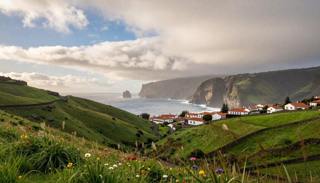 A serene landscape showcasing diverse weather conditions over Madeira. In the foreground, gently rolling hills covered in vibrant green vegetation, with scattered colorful flowers swaying lightly in the breeze. The middle ground features a small, traditional Portuguese village with whitewashed houses and red-tiled roofs, partially obscured by mist. In the background, the dramatic cliffs rise sharply from the ocean, where waves crash against the rocks. Above, a dynamic sky transitions between fluffy white clouds and patches of blue, with soft sunlight breaking through, creating a warm and inviting atmosphere. The overall mood is tranquil yet vibrant, illustrating the beauty of changing weather patterns. The image is captured with a wide-angle lens, emphasizing the expansive landscape and varied elements of nature.